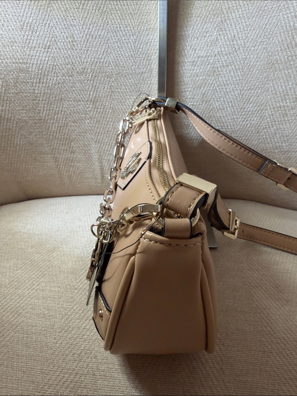 True Religion Beige Shoulder Bag with Silver Charm Chain - Picture 11 of 15